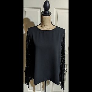 Karen Kane- Black Tie Lace, Bell Sleeve Blouse, Women's Large